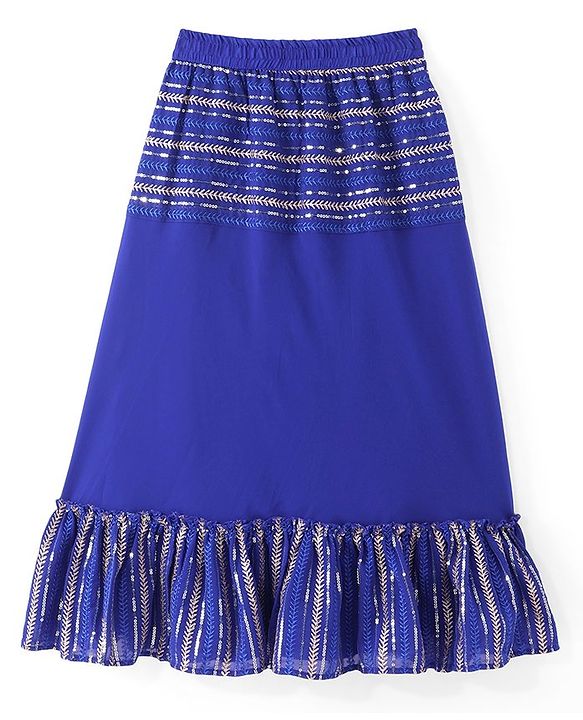 Pine Kids Sleeveless Floral Embroidery & Lace Detailing Choli Lehenga with Dupatta Set - Royal Blue