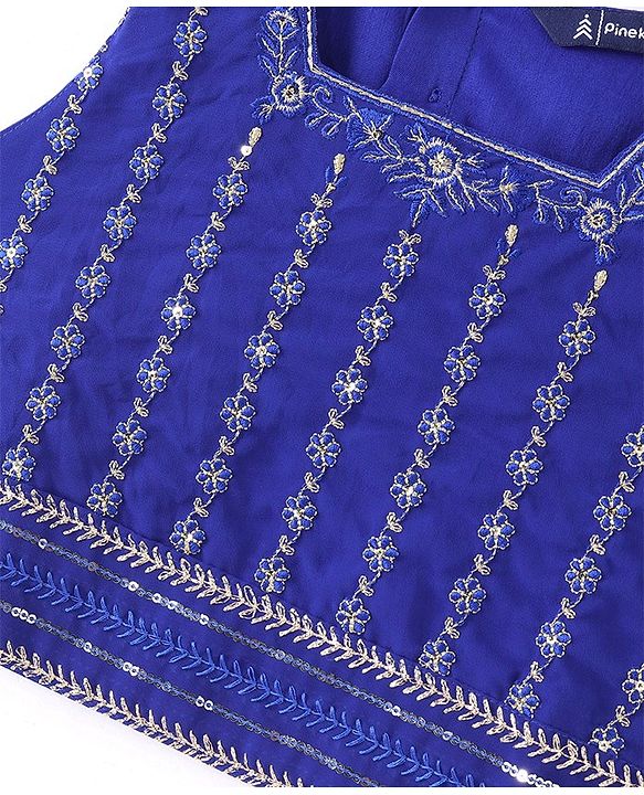 Pine Kids Sleeveless Floral Embroidery & Lace Detailing Choli Lehenga with Dupatta Set - Royal Blue