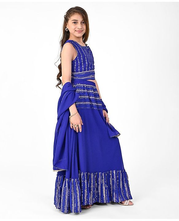 Pine Kids Sleeveless Floral Embroidery & Lace Detailing Choli Lehenga with Dupatta Set - Royal Blue