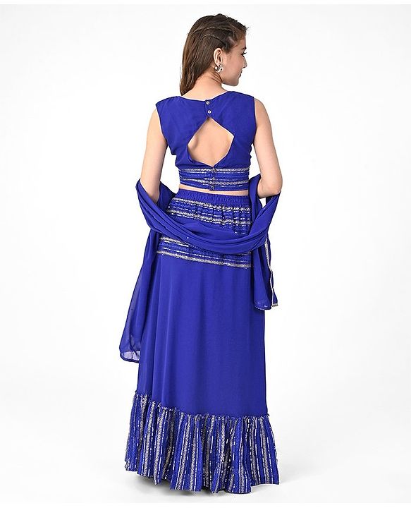 Pine Kids Sleeveless Floral Embroidery & Lace Detailing Choli Lehenga with Dupatta Set - Royal Blue