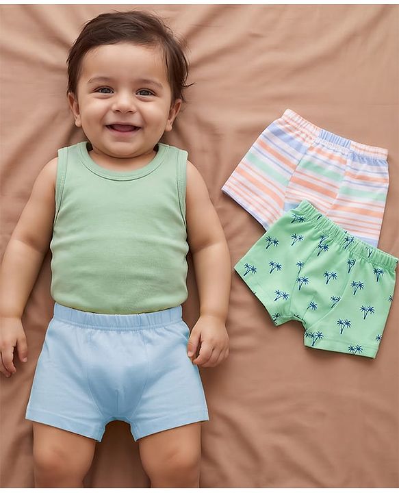 Babyhug 100% Cotton Knit Trunk Stripes & Palm Tree Print Pack of 3 - Blue Green & Peach