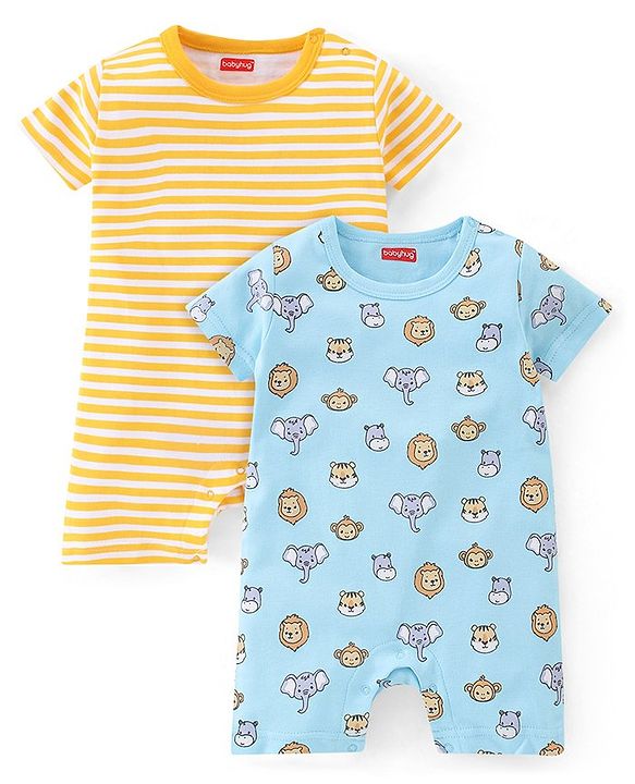Babyhug 100% Cotton Half Sleeves Romper With Animals Print & Striped Pack Of 2 - Blue & Yellow