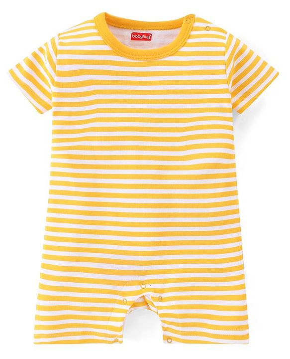 Babyhug 100% Cotton Half Sleeves Romper With Animals Print & Striped Pack Of 2 - Blue & Yellow