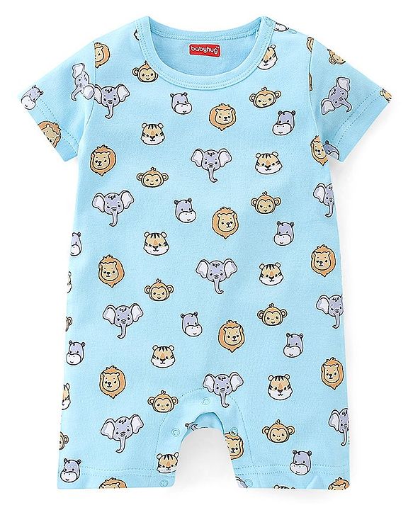 Babyhug 100% Cotton Half Sleeves Romper With Animals Print & Striped Pack Of 2 - Blue & Yellow