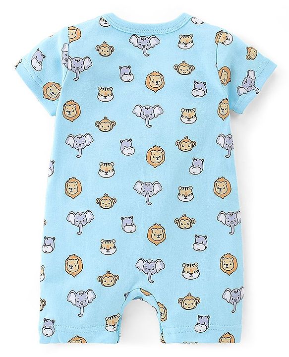 Babyhug 100% Cotton Half Sleeves Romper With Animals Print & Striped Pack Of 2 - Blue & Yellow