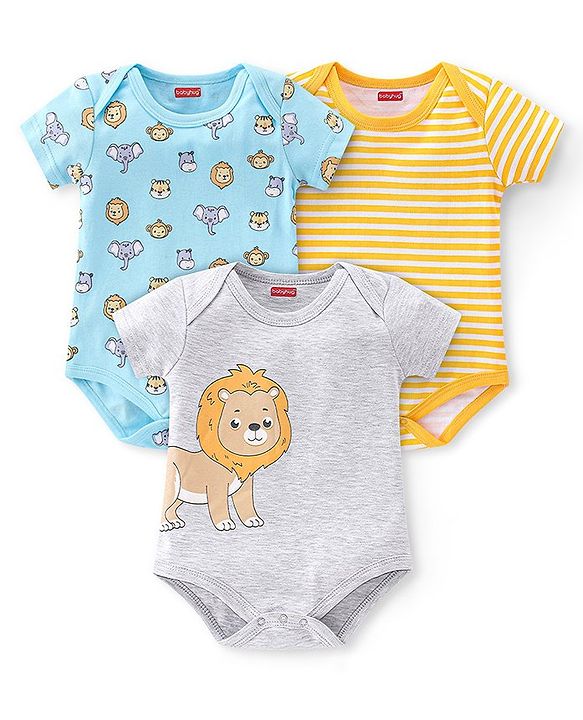 Babyhug 100% Cotton Knit Half Sleeves Onesies Striped & Animal Print Pack of 3 - Blue Yellow & Grey