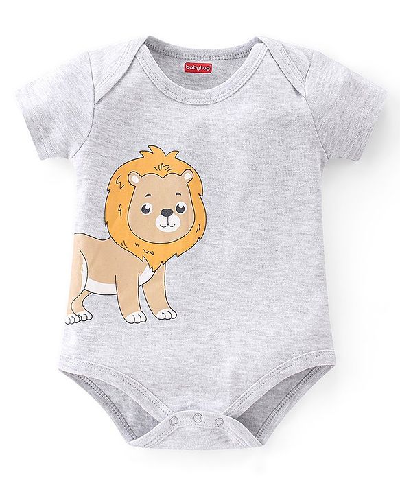Babyhug 100% Cotton Knit Half Sleeves Onesies Striped & Animal Print Pack of 3 - Blue Yellow & Grey