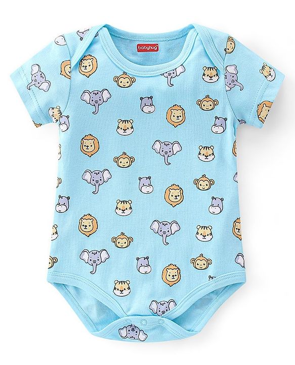 Babyhug 100% Cotton Knit Half Sleeves Onesies Striped & Animal Print Pack of 3 - Blue Yellow & Grey