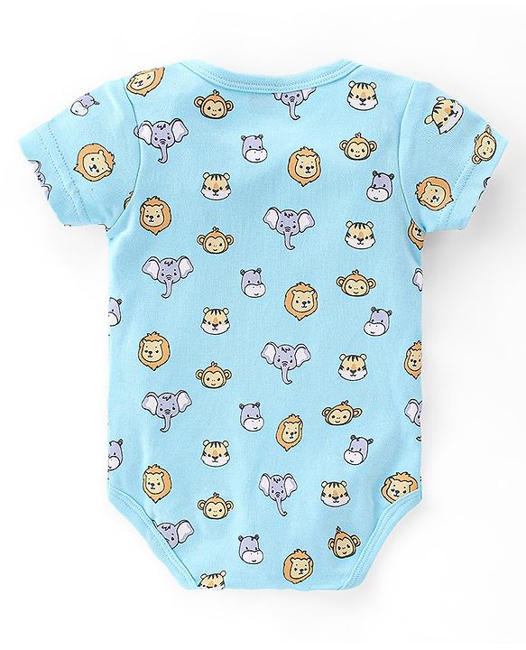 Babyhug 100% Cotton Knit Half Sleeves Onesies Striped & Animal Print Pack of 3 - Blue Yellow & Grey
