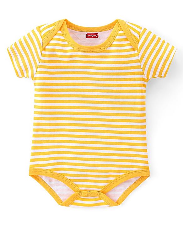 Babyhug 100% Cotton Knit Half Sleeves Onesies Striped & Animal Print Pack of 3 - Blue Yellow & Grey