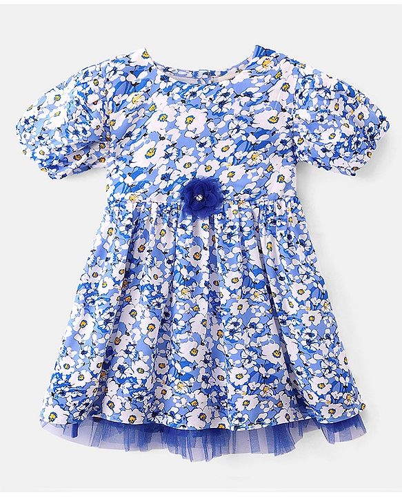 Babyhug Rayon Woven Knit Half Sleeves Frock Floral Print - White & Blue