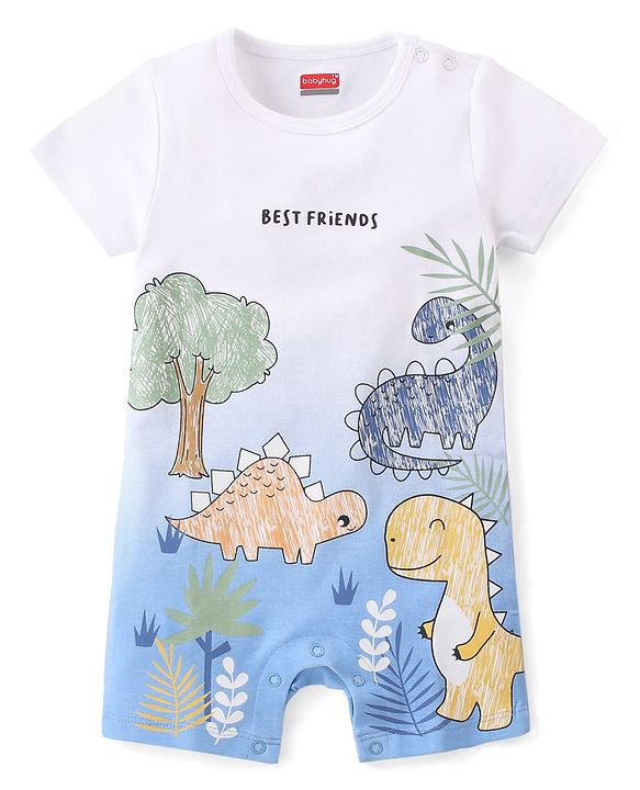 Babyhug 100% Cotton Knit Half Sleeves Romper Dino Print - White