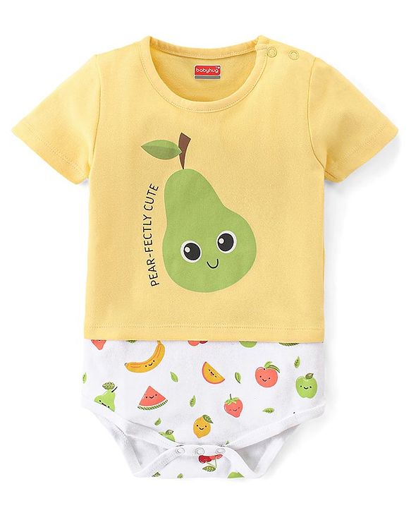 Babyhug 100% Cotton Knit Half Sleeves Onesie Fruit Print - Yellow