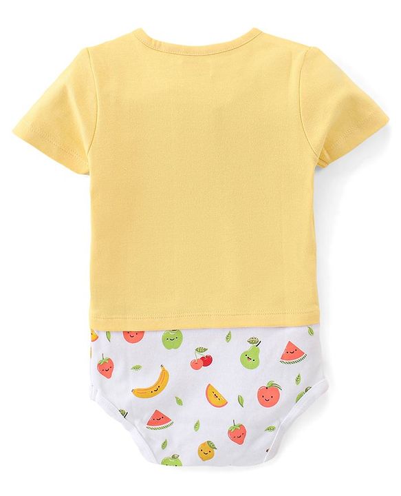 Babyhug 100% Cotton Knit Half Sleeves Onesie Fruit Print - Yellow