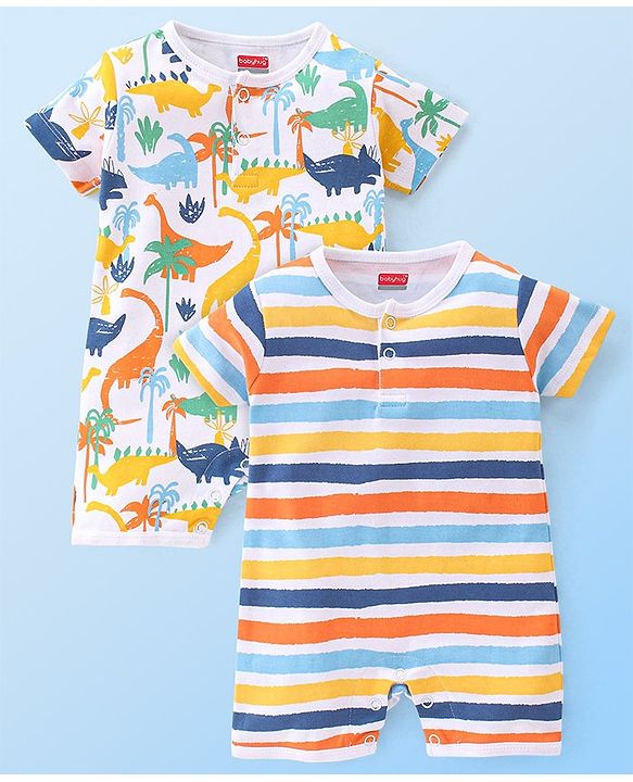 Babyhug 100% Cotton Interlock Knit Half Sleeves Romper Stripes & Dino Print Pack Of 2 - Multicolor