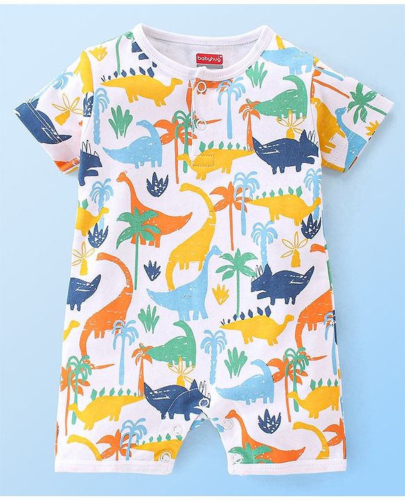 Babyhug 100% Cotton Interlock Knit Half Sleeves Romper Stripes & Dino Print Pack Of 2 - Multicolor