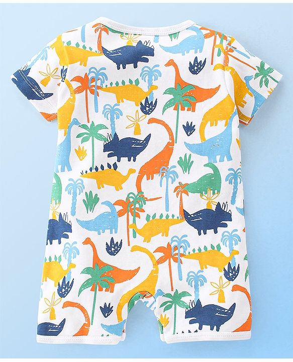 Babyhug 100% Cotton Interlock Knit Half Sleeves Romper Stripes & Dino Print Pack Of 2 - Multicolor