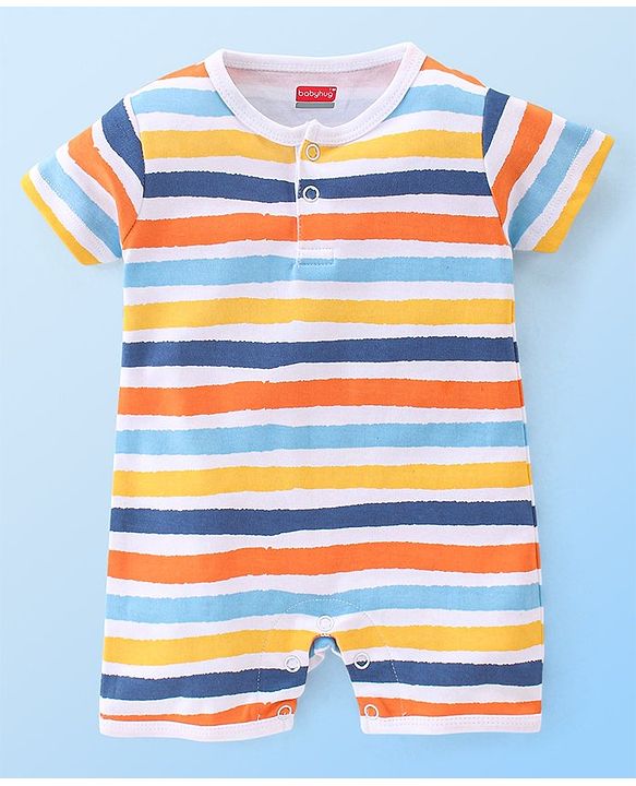 Babyhug 100% Cotton Interlock Knit Half Sleeves Romper Stripes & Dino Print Pack Of 2 - Multicolor