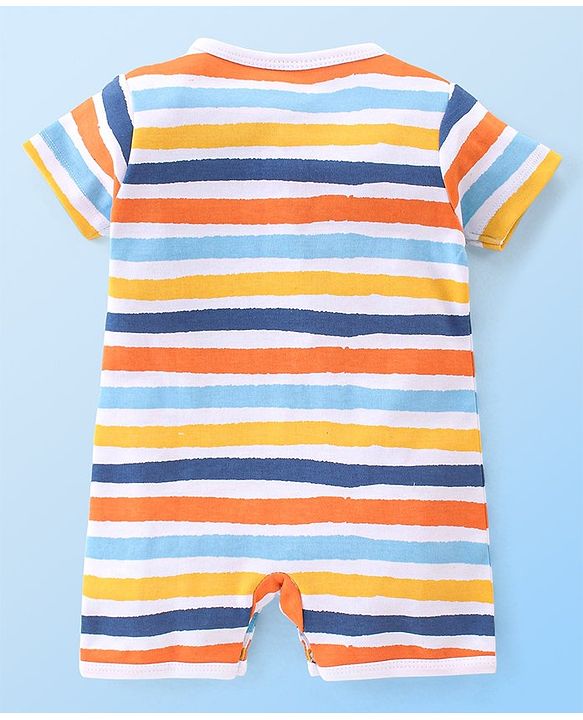 Babyhug 100% Cotton Interlock Knit Half Sleeves Romper Stripes & Dino Print Pack Of 2 - Multicolor