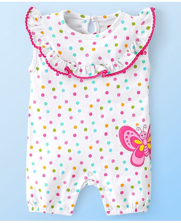 Babyhug 100% Cotton Sleeveless Romper with Frill Detailing & Butterfly Patch - White