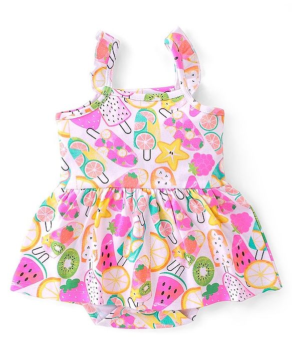 Babyhug 100% Cotton Sleeveless Frock Style Onesies With Beach Theme Print - White