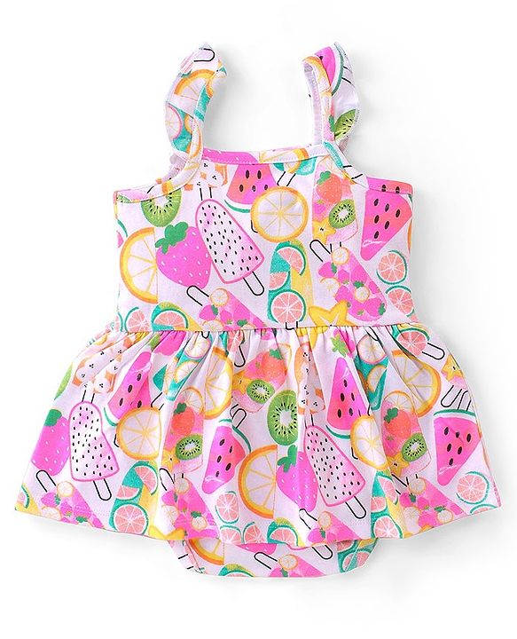 Babyhug 100% Cotton Sleeveless Frock Style Onesies With Beach Theme Print - White