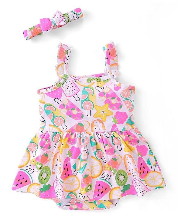 Babyhug 100% Cotton Sleeveless Frock Style Onesies With Beach Theme Print - White