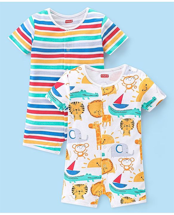 Babyhug 100% Cotton Knit Half Sleeves Romper Striped & Animal Print Pack of 2 - Multicolor