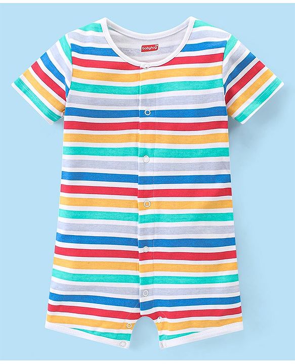 Babyhug 100% Cotton Knit Half Sleeves Romper Striped & Animal Print Pack of 2 - Multicolor