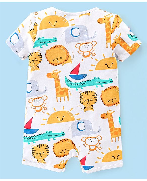 Babyhug 100% Cotton Knit Half Sleeves Romper Striped & Animal Print Pack of 2 - Multicolor