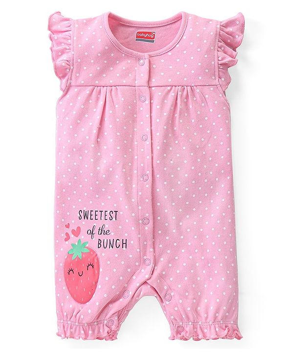Babyhug 100% Cotton Knit Sleeveless  Romper with Polka Dot & Strawberry Print  -  Pink
