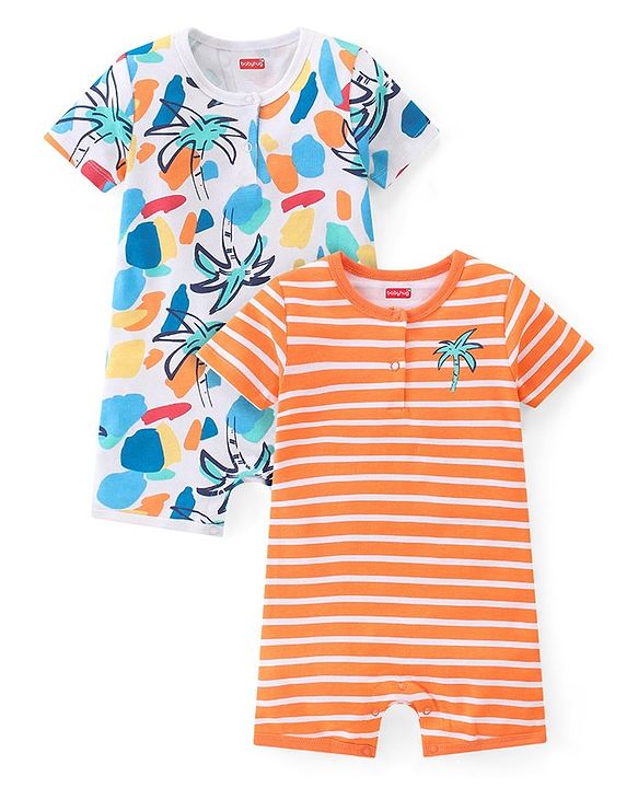 Babyhug 100% Cotton Knit Half Sleeves Rompers With Striped & Palms Tree Print Pack Of 2 - White Blue & Orange