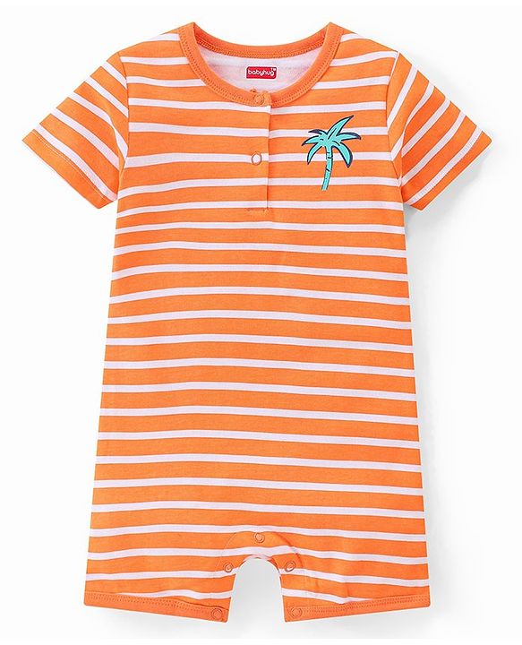 Babyhug 100% Cotton Knit Half Sleeves Rompers With Striped & Palms Tree Print Pack Of 2 - White Blue & Orange