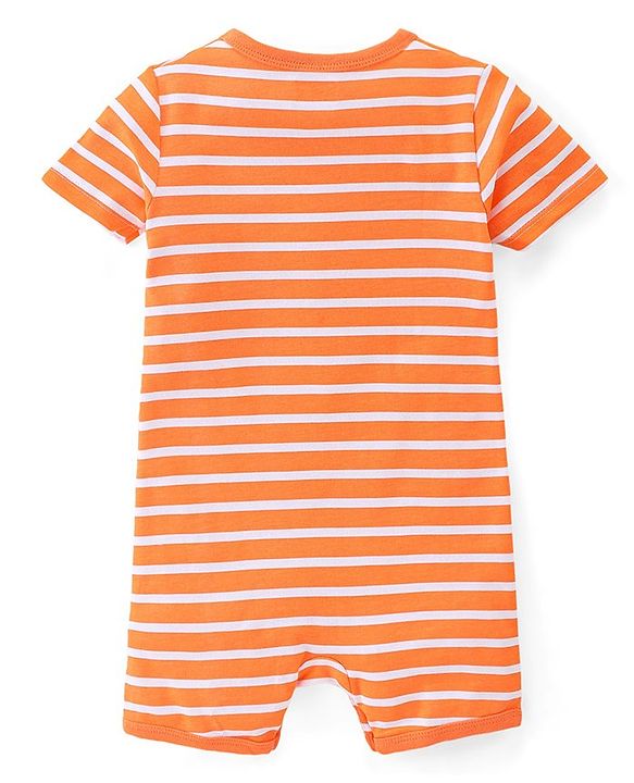 Babyhug 100% Cotton Knit Half Sleeves Rompers With Striped & Palms Tree Print Pack Of 2 - White Blue & Orange
