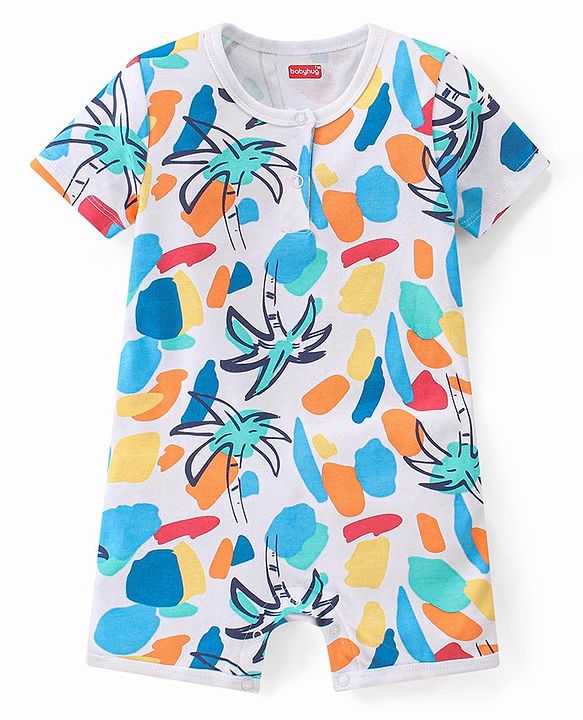 Babyhug 100% Cotton Knit Half Sleeves Rompers With Striped & Palms Tree Print Pack Of 2 - White Blue & Orange