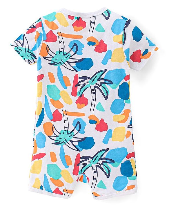 Babyhug 100% Cotton Knit Half Sleeves Rompers With Striped & Palms Tree Print Pack Of 2 - White Blue & Orange