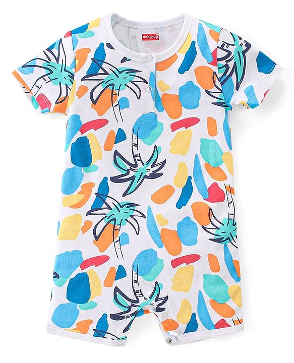 Babyhug 100% Cotton Knit Half Sleeves Rompers With Striped & Palms Tree Print Pack Of 2 - White Blue & Orange