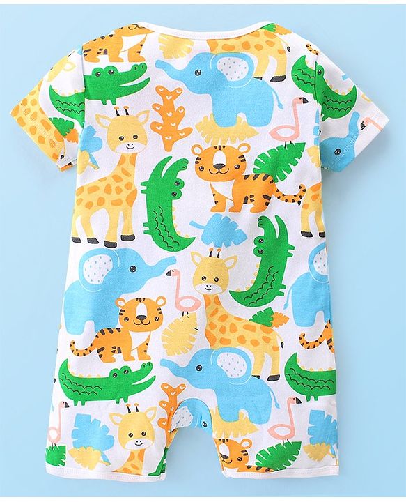 Babyhug 100% Cotton Knit Half Sleeves Romper Animal Print - Multicolor