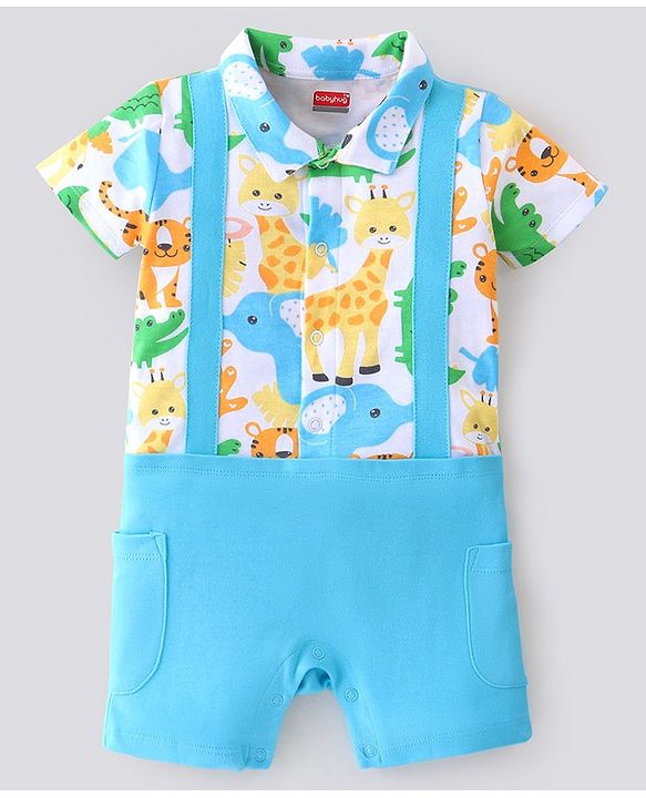 Babyhug 100% Cotton Knit Half Sleeves Romper Giraffe Print - Blue