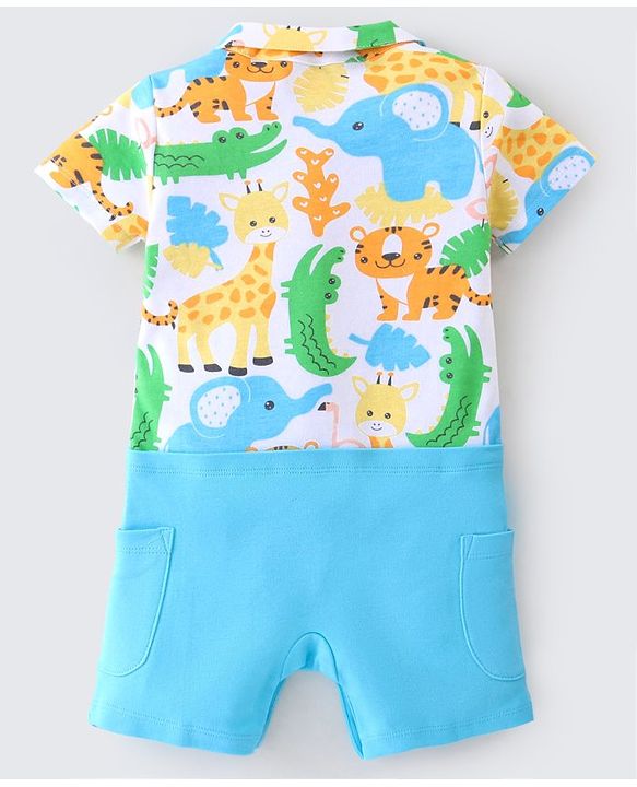 Babyhug 100% Cotton Knit Half Sleeves Romper Giraffe Print - Blue