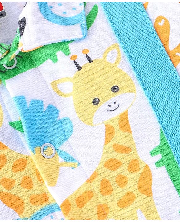 Babyhug 100% Cotton Knit Half Sleeves Romper Giraffe Print - Blue