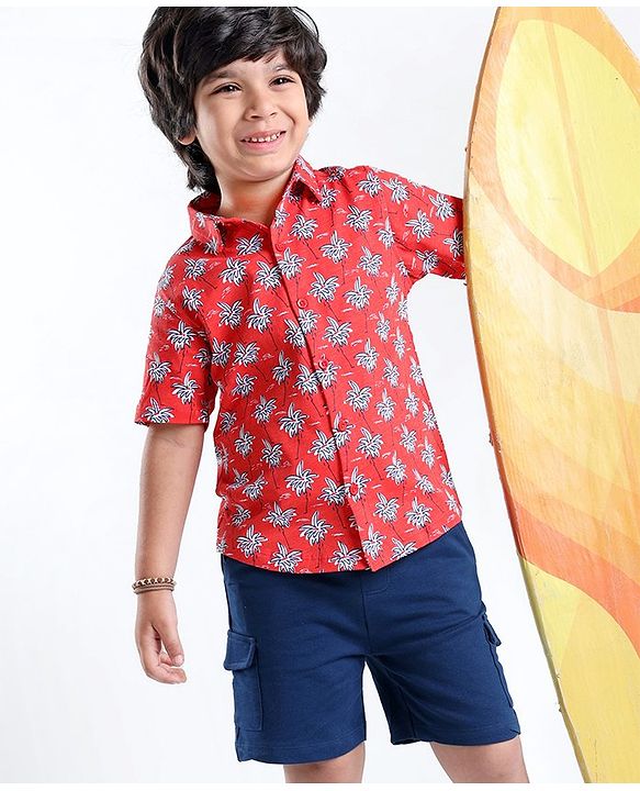Babyhug Single Jersey Cotton Knit Half Sleeves Trees Printed Shirt & Shorts Set - Red & Blue