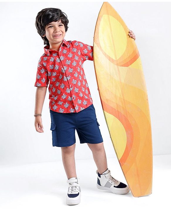 Babyhug Single Jersey Cotton Knit Half Sleeves Trees Printed Shirt & Shorts Set - Red & Blue