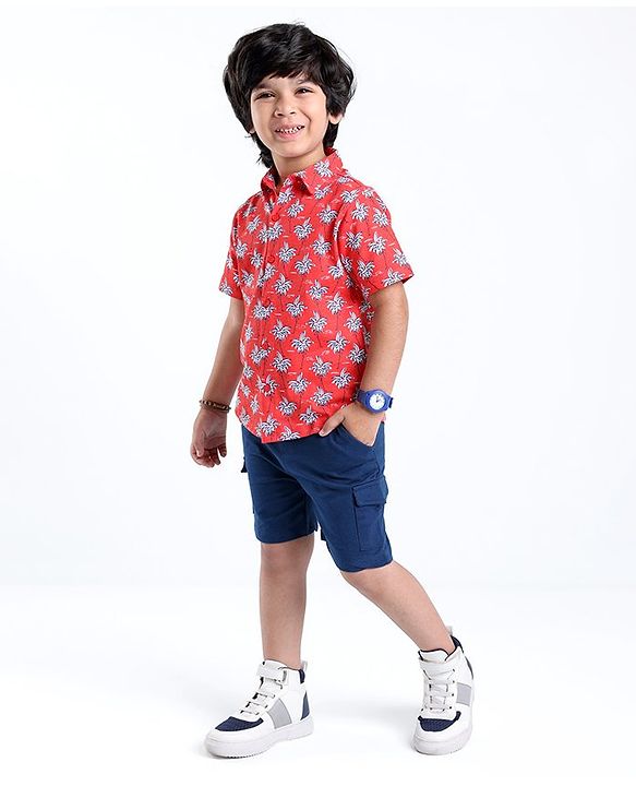 Babyhug Single Jersey Cotton Knit Half Sleeves Trees Printed Shirt & Shorts Set - Red & Blue