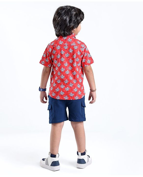 Babyhug Single Jersey Cotton Knit Half Sleeves Trees Printed Shirt & Shorts Set - Red & Blue