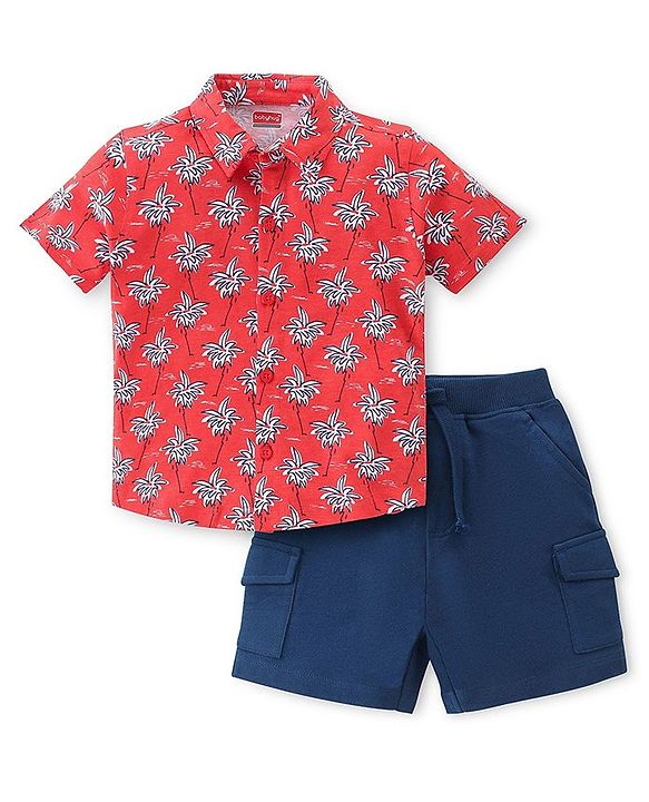 Babyhug Single Jersey Cotton Knit Half Sleeves Trees Printed Shirt & Shorts Set - Red & Blue