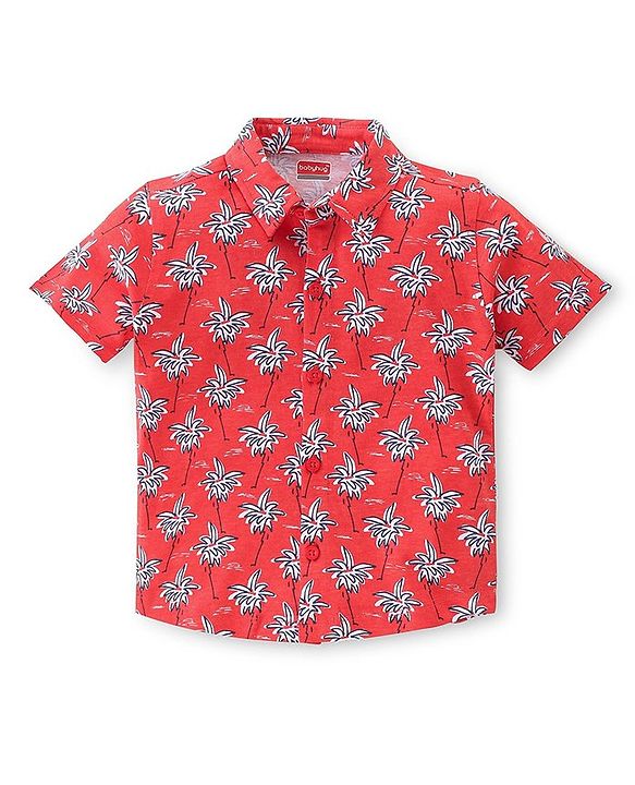 Babyhug Single Jersey Cotton Knit Half Sleeves Trees Printed Shirt & Shorts Set - Red & Blue