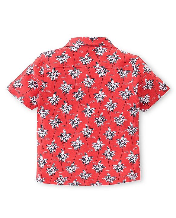 Babyhug Single Jersey Cotton Knit Half Sleeves Trees Printed Shirt & Shorts Set - Red & Blue