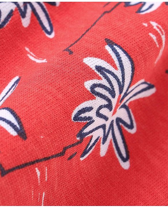 Babyhug Single Jersey Cotton Knit Half Sleeves Trees Printed Shirt & Shorts Set - Red & Blue