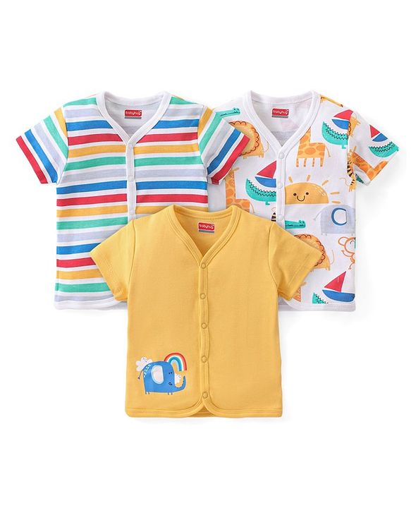 Babyhug 100% Cotton Interlock Front Open Vest Elephant Print Pack of 3 - Yellow & White